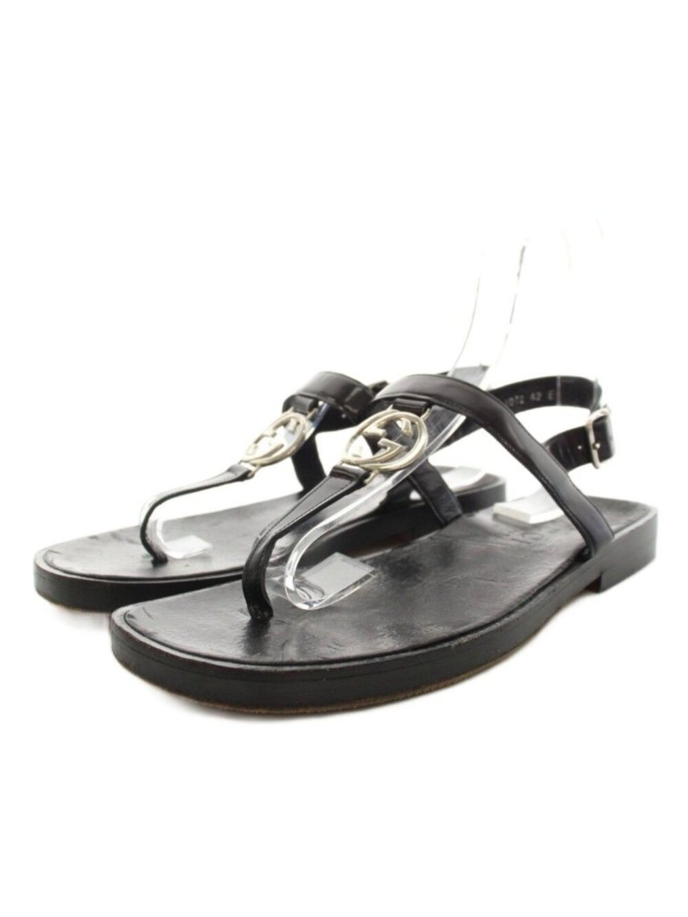 Gucci Interlocking G Leather Thong Sandals Ankle Strap Black